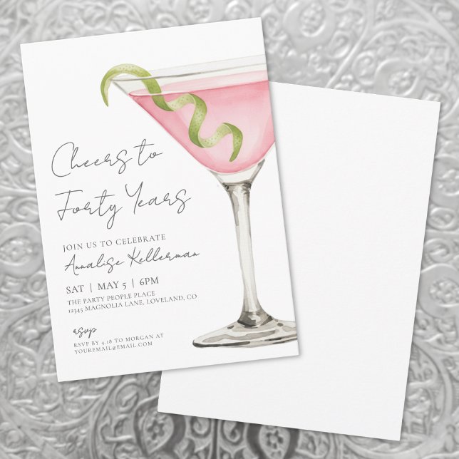 Invitación Fiesta de cumpleaños número 40 de Pink Martini (Cheers To Forty 40th Birthday Party Invitation )