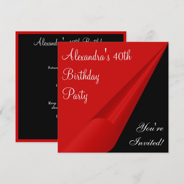 Invitación Fiesta de cumpleaños número 40 de rojo, negro y bl (Anverso / Reverso)