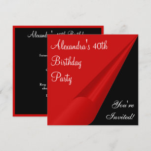 Invitación Fiesta de cumpleaños número 40 de rojo, negro y bl