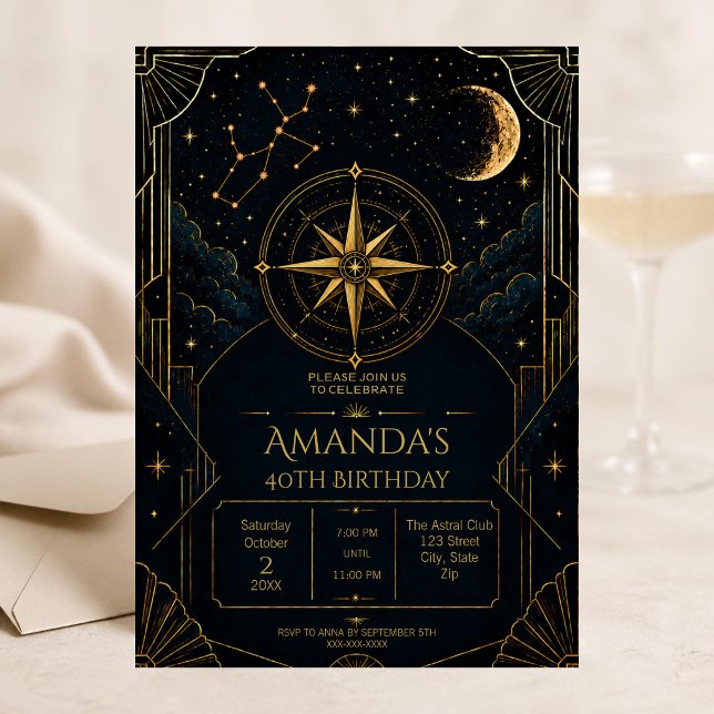 Invitación Fiesta de cumpleaños número 40 de Sagitario con es (Dark Art Deco Sagittarius zodiac 40th birthday invitation with celestial details and elegant moody)