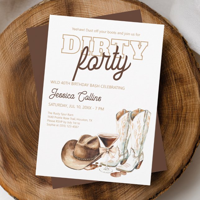 Invitación Fiesta de cumpleaños número 40 de Western Dirty Fo (Western Dirty Forty Country 40th Birthday Party Invitation for Her)