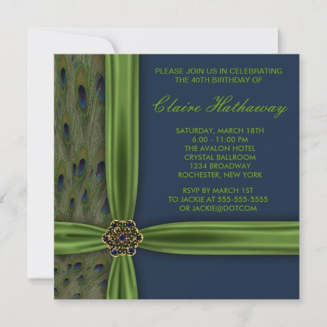 Invitación Fiesta de cumpleaños número 40 del Pavo Real Azul  (Anverso)