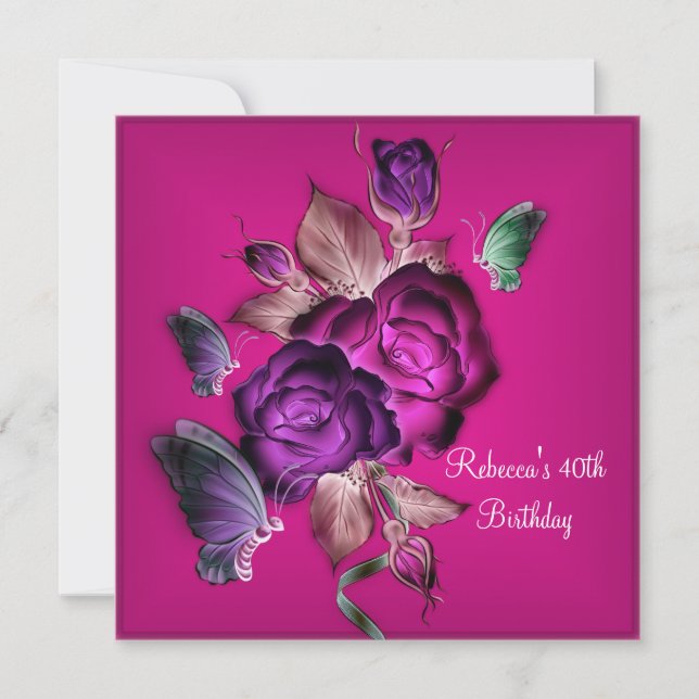 Invitación Fiesta de Cumpleaños número 40 Elegantes Rosas Mor (Anverso)