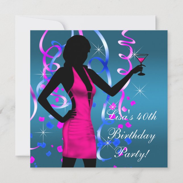 Invitación Fiesta de Cumpleaños número 40 en Azul Turquesa y  (Anverso)