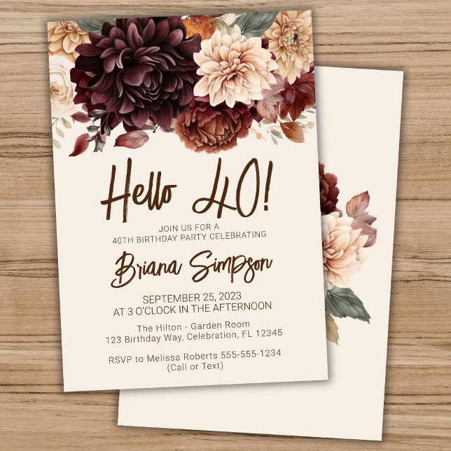 Invitación Fiesta de cumpleaños número 40 Flores marrones bei (Subido por el creador)