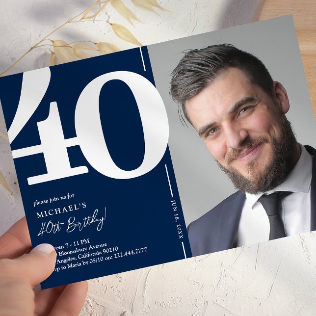 Invitación Fiesta de cumpleaños número 40 Foto Azul Marítimo (Subido por el creador)