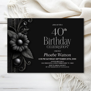 Invitación Fiesta de cumpleaños número 40 Grey Flower