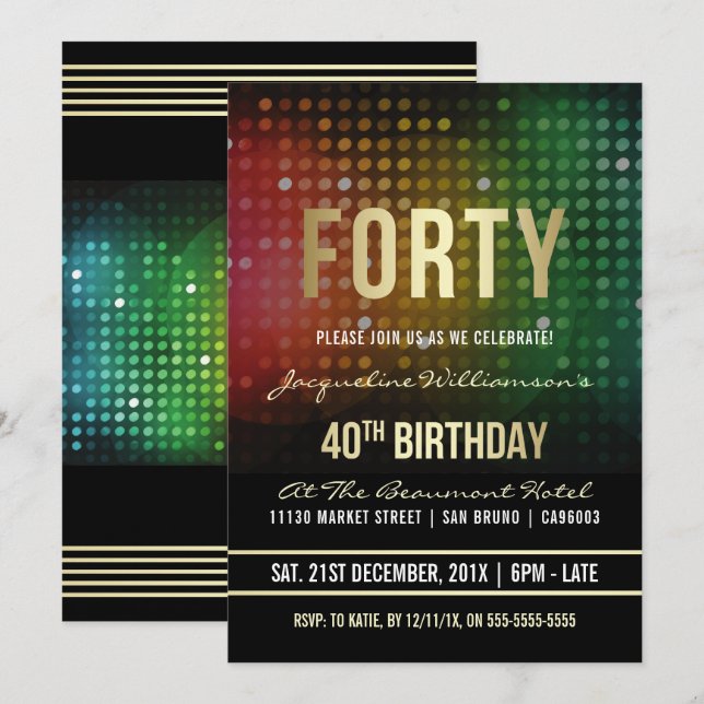 Invitación Fiesta de cumpleaños número 40| Luces Retro Disco (Anverso / Reverso)