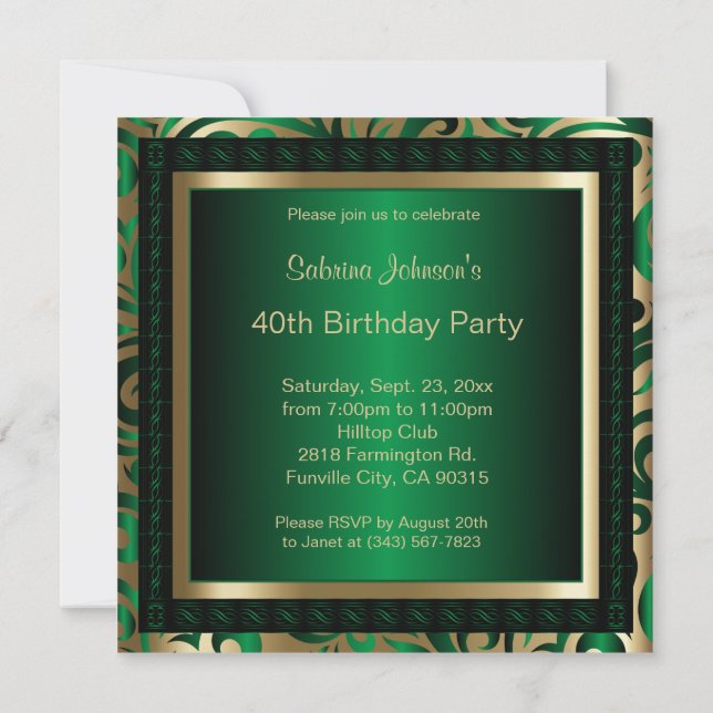 Invitación Fiesta de cumpleaños número 40| Metálico verde y o (Reverso)