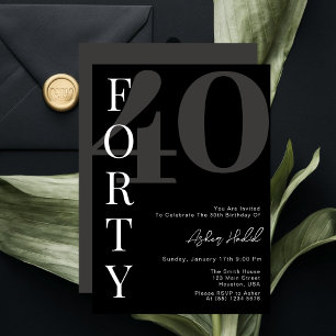 Invitación Fiesta de cumpleaños número 40 Minimalista Negra