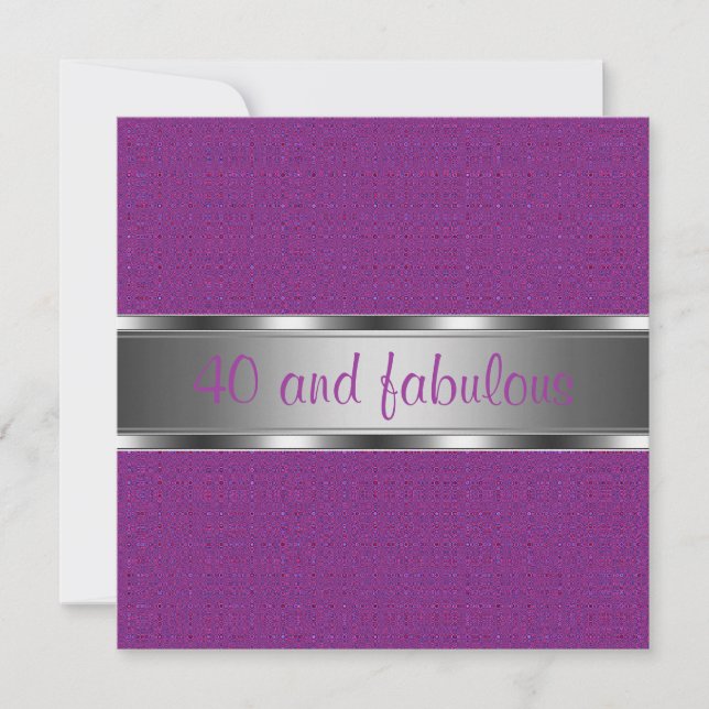Invitación Fiesta de cumpleaños número 40 Morado Plateado Fab (Anverso)