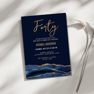 Invitación Fiesta de cumpleaños número 40 Navy Azul Oro Ágata