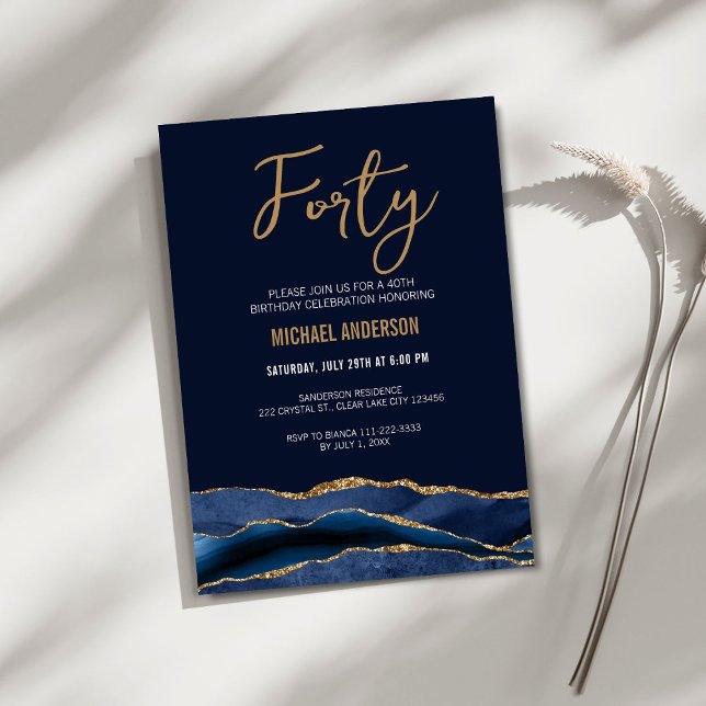 Invitación Fiesta de cumpleaños número 40 Navy Azul Oro Ágata (Subido por el creador)