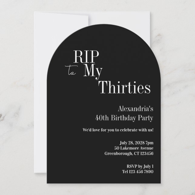 Invitación Fiesta de cumpleaños número 40 negra y blanca RIP  (Anverso)