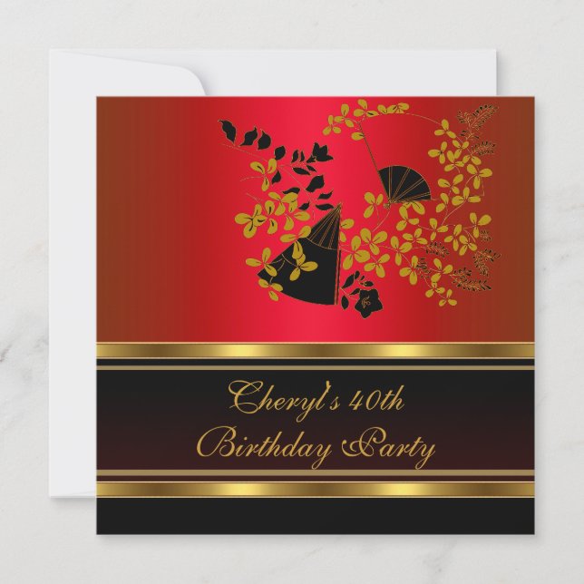 Invitación Fiesta de cumpleaños número 40 patrón floral rojo  (Anverso)