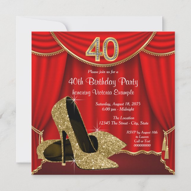 Invitación Fiesta de cumpleaños número 40 Red Gold High Heel (Anverso)