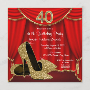 Invitación Fiesta de cumpleaños número 40 Red Gold High Heel