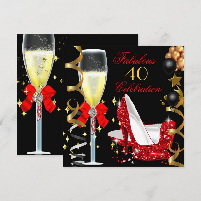 Invitación Fiesta de cumpleaños número 40 Rojo Negro Oro 40 & (Anverso / Reverso)