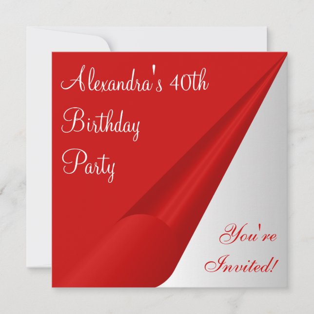 Invitación Fiesta de cumpleaños número 40 Rojo Plata Blanco (Anverso)
