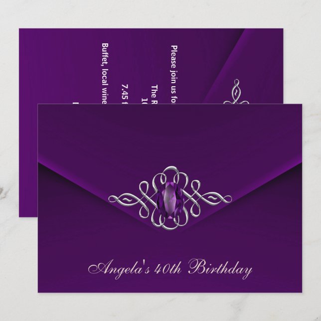 Invitación Fiesta de cumpleaños número 40 Royal Silver Plum T (Anverso / Reverso)