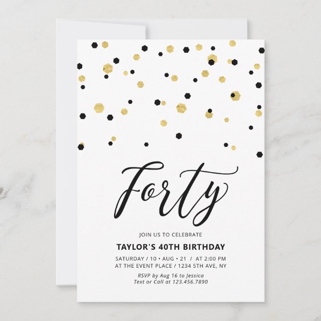Invitación Fiesta de cumpleaños número 40 simple en negro y d (Anverso)