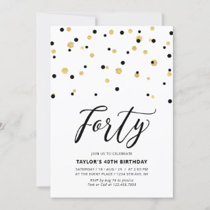 Invitación Fiesta de cumpleaños número 40 simple en negro y d