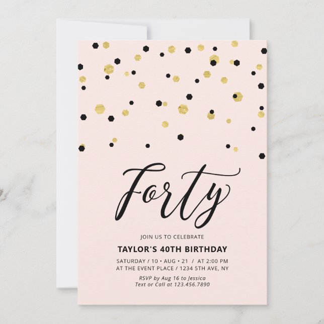Invitación Fiesta de cumpleaños número 40 simple rosa y dorad (Anverso)