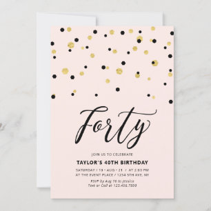 Invitación Fiesta de cumpleaños número 40 simple rosa y dorad