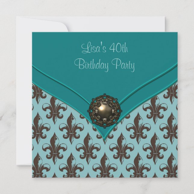 Invitación Fiesta de cumpleaños número 40 Teal Brown Fleur de (Anverso)
