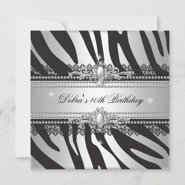 Invitación Fiesta de cumpleaños número 40 Zebra Pearl negro p (Anverso)