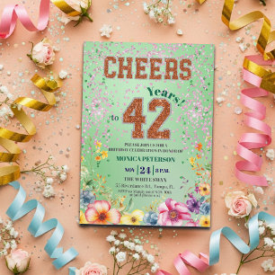 Invitación Fiesta de cumpleaños número 42 con flores brillant