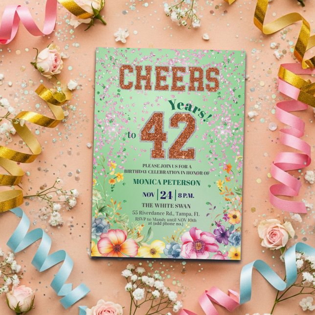 Invitación Fiesta de cumpleaños número 42 con flores brillant (Subido por el creador)