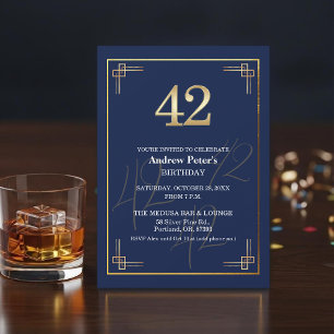 Invitación Fiesta de Cumpleaños número 42 Elegante Azul Oro