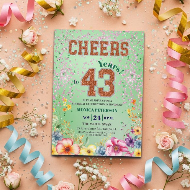 Invitación Fiesta de cumpleaños número 43 con flores brillant (Subido por el creador)