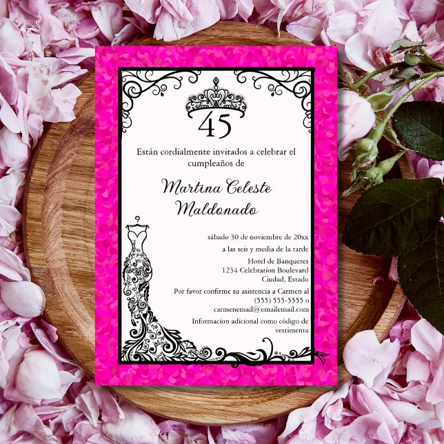 Invitación Fiesta de Cumpleaños número 45 Chic Negro Rosa Cal (Subido por el creador)