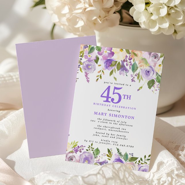 Invitación Fiesta de cumpleaños número 45 Pretty Purple Flora (Subido por el creador)