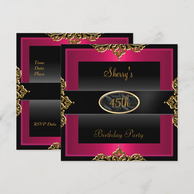 Invitación Fiesta de cumpleaños número 45 Rosa Rojo Negro Dor (Anverso / Reverso)