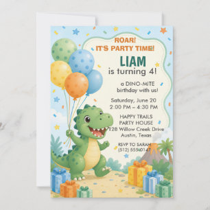 Invitación Fiesta de cumpleaños número 4 de Dinosaur Roar Kid