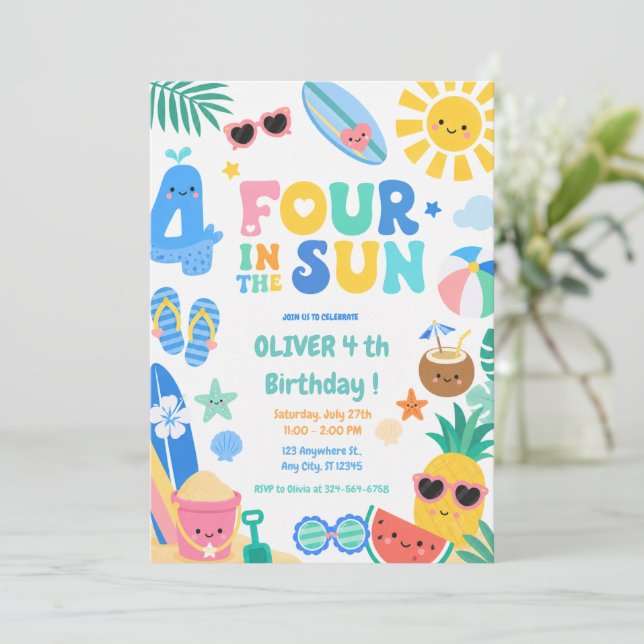 Invitación Fiesta de cumpleaños número 4 de Four in the Sun (Anverso de pie)