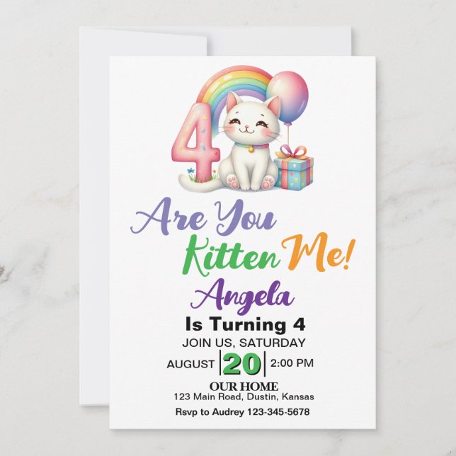 Invitación Fiesta de cumpleaños número 4 de Gatito Adorable (Anverso)