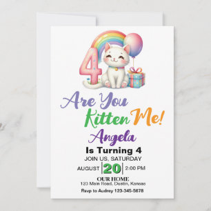 Invitación Fiesta de cumpleaños número 4 de Gatito Adorable