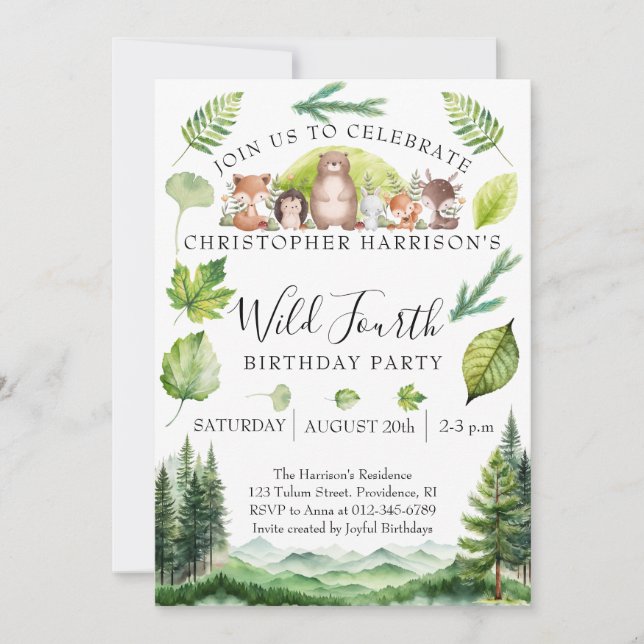 Invitación Fiesta de cumpleaños número 4 de Niño del Bosque  (Anverso)