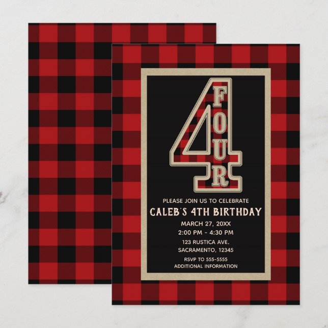 Invitación Fiesta de Cumpleaños número 4 de Plaid Búfalo Rojo (Anverso / Reverso)