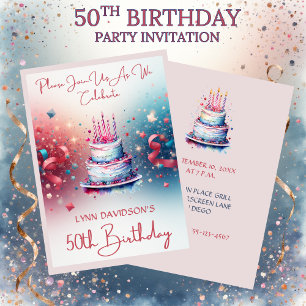 Invitación Fiesta de cumpleaños número 50 acuarela rosa