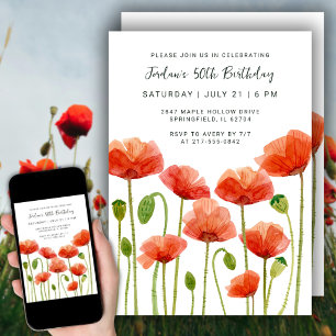 Invitación Fiesta de Cumpleaños Número 50 Aquarela Floral Ama