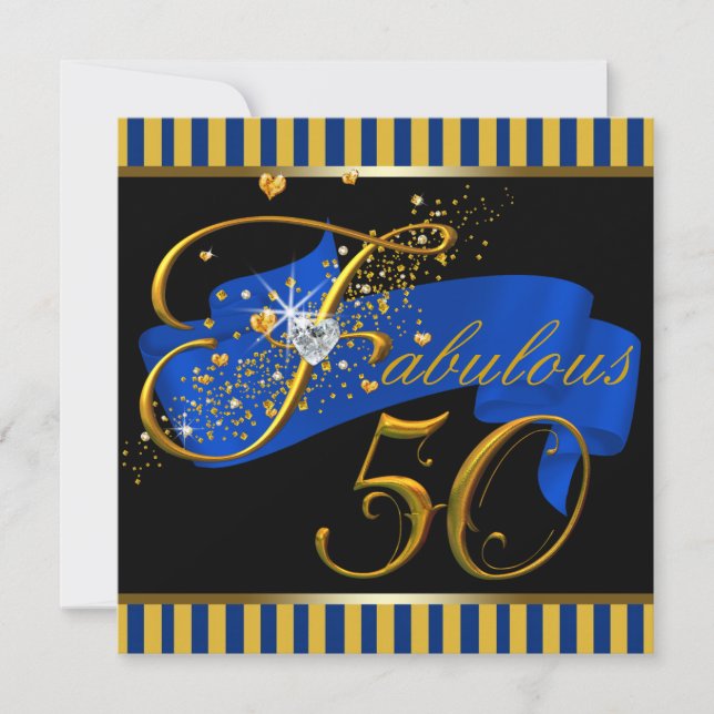 Invitación Fiesta de cumpleaños número 50: azul y oro fabulos (Anverso)