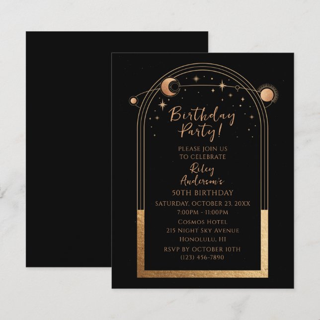 Invitación Fiesta de cumpleaños número 50 Black Gold Celestia (Anverso / Reverso)