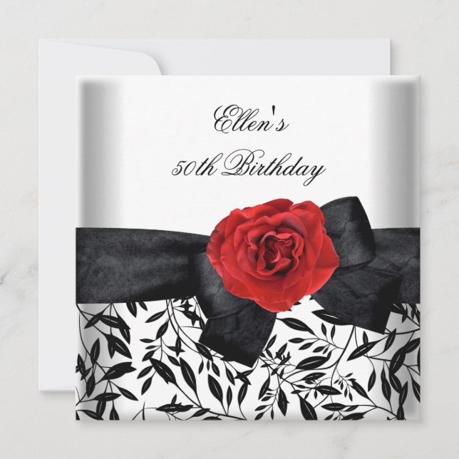 Invitación Fiesta de cumpleaños número 50 blanca plata flor l (Anverso)