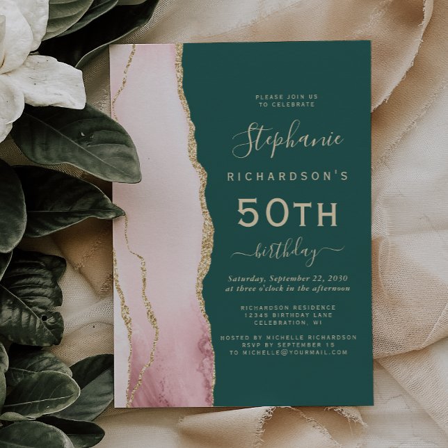 Invitación Fiesta de cumpleaños número 50 Blush Gold Agate Em (Subido por el creador)