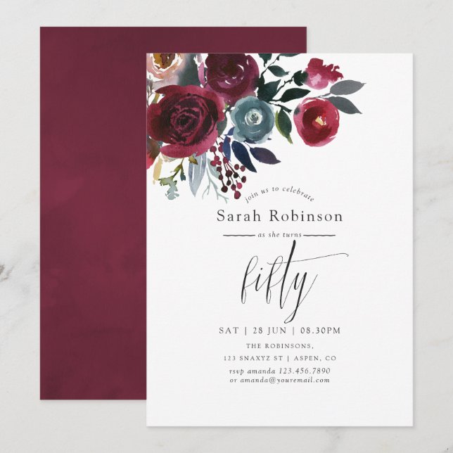 Invitación Fiesta de cumpleaños número 50 Boho Chic Burgundy  (Anverso / Reverso)